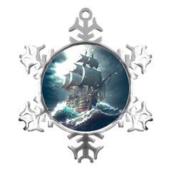 Pirate Ship Boat Sea Ocean Storm Metal Small Snowflake Ornament by Sarkoni