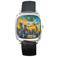 Boston Skyline Cityscape River Square Metal Watch by Sarkoni