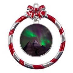 Fantasy Pyramid Mystic Space Aurora Metal Red Ribbon Round Ornament by Grandong