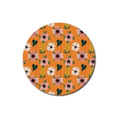 Flower Orange Pattern Floral Rubber Round Coaster (4 Pack)