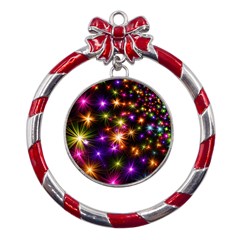 Star Colorful Christmas Abstract Metal Red Ribbon Round Ornament by Dutashop