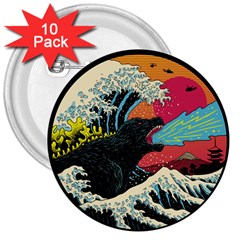 Retro Wave Kaiju Godzilla Japanese Pop Art Style 3  Buttons (10 Pack)  by Modalart