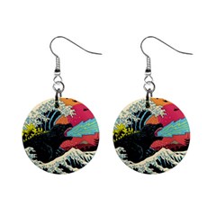 Retro Wave Kaiju Godzilla Japanese Pop Art Style Mini Button Earrings by Modalart