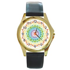 Mandala Pattern Rainbow Pride Round Gold Metal Watch