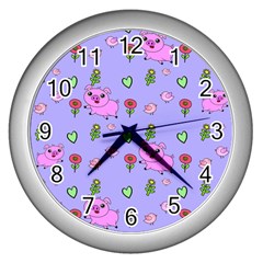 Flower Pink Pig Piggy Seamless Wall Clock (silver)