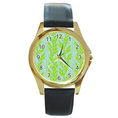 Background Leaves Branch Seamless Round Gold Metal Watch