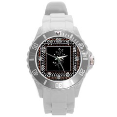 Flowers Line Art Wall Decoration Round Plastic Sport Watch (l)