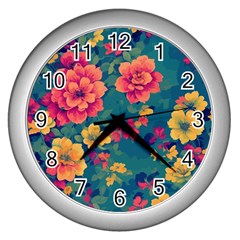 Floral Art Flowers Textile Wall Clock (silver)