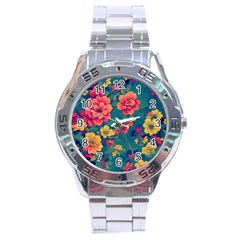 Floral Art Flowers Textile Stainless Steel Analogue Watch by Ravend