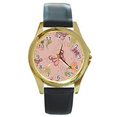 Butterfly Background Pattern Texture Round Gold Metal Watch