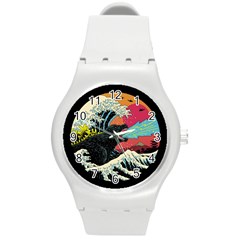 Retro Wave Kaiju Godzilla Japanese Pop Art Style Round Plastic Sport Watch (m) by Modalart