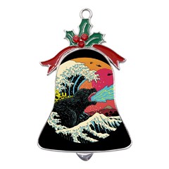 Retro Wave Kaiju Godzilla Japanese Pop Art Style Metal Holly Leaf Bell Ornament by Modalart