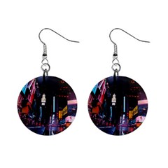 Roadway Surrounded Building During Nighttime Mini Button Earrings by Modalart