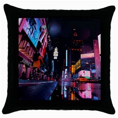 Roadway Surrounded Building During Nighttime Throw Pillow Case (Black)