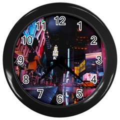 Roadway Surrounded Building During Nighttime Wall Clock (Black)