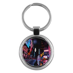 Roadway Surrounded Building During Nighttime Key Chain (Round)