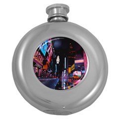 Roadway Surrounded Building During Nighttime Round Hip Flask (5 oz)