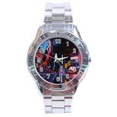 Roadway Surrounded Building During Nighttime Stainless Steel Analogue Watch