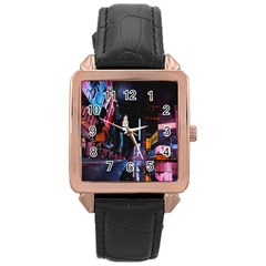 Roadway Surrounded Building During Nighttime Rose Gold Leather Watch 