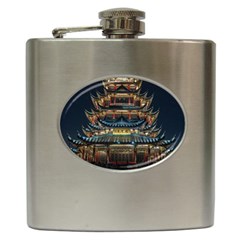 Blue Yellow And Green Lighted Pagoda Tower Hip Flask (6 Oz) by Modalart