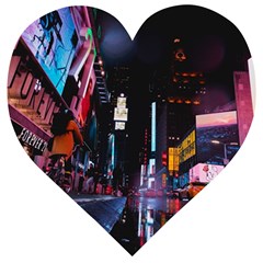 Roadway Surrounded Building During Nighttime Wooden Puzzle Heart