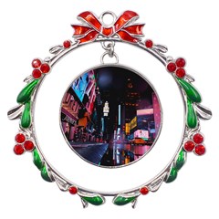 Roadway Surrounded Building During Nighttime Metal X mas Wreath Ribbon Ornament