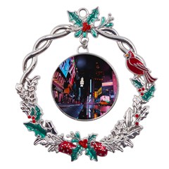 Roadway Surrounded Building During Nighttime Metal X mas Wreath Holly leaf Ornament