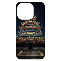 Blue Yellow And Green Lighted Pagoda Tower Iphone 14 Pro Black Uv Print Case by Modalart