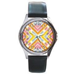 Line Pattern Cross Print Repeat Round Metal Watch by Amaryn4rt