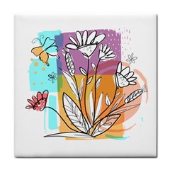 Flower Leaves Foliage Grass Doodle Tile Coaster by Grandong