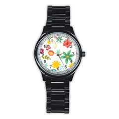 Flowers Leaves Background Floral Stainless Steel Round Watch by Grandong