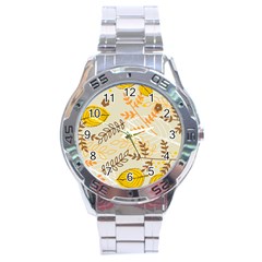 Leaves Flowers Background Pattern Stainless Steel Analogue Watch by Grandong