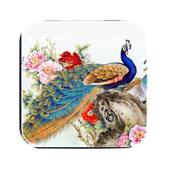 Birds Peacock Artistic Colorful Flower Painting Square Metal Box (black) by Sarkoni