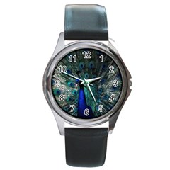 Blue And Green Peacock Round Metal Watch by Sarkoni