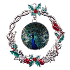Blue And Green Peacock Metal X mas Wreath Holly leaf Ornament