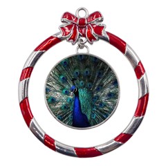 Blue And Green Peacock Metal Red Ribbon Round Ornament