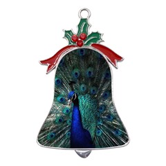 Blue And Green Peacock Metal Holly Leaf Bell Ornament