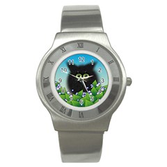 Kitten Black Furry Illustration Stainless Steel Watch