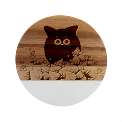 Kitten Black Furry Illustration Marble Wood Coaster (round) by Sarkoni