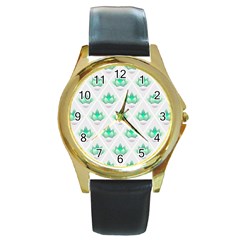 Plant Pattern Green Leaf Flora Round Gold Metal Watch