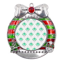 Plant Pattern Green Leaf Flora Metal X Mas Ribbon With Red Crystal Round Ornament