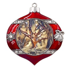 Tree Forest Woods Nature Landscape Metal Snowflake And Bell Red Ornament