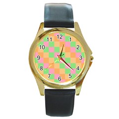 Checkerboard Pastel Squares Round Gold Metal Watch by Grandong