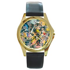 Art Graffiti Abstract Vintage Lines Round Gold Metal Watch by Amaryn4rt