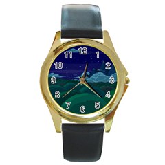 Adventure Time Cartoon Night Green Color Sky Nature Round Gold Metal Watch