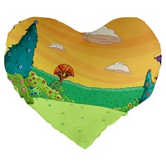 Green Field Illustration Adventure Time Multi Colored Large 19  Premium Heart Shape Cushions