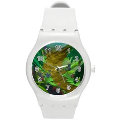 Green Pine Trees Wallpaper Adventure Time Cartoon Green Color Round Plastic Sport Watch (m)