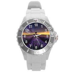 Bed Of Purple Petaled Flowers Photography Landscape Nature Round Plastic Sport Watch (l)