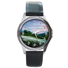 Field Of White Petaled Flowers Nature Landscape Round Metal Watch