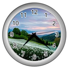 Field Of White Petaled Flowers Nature Landscape Wall Clock (Silver)